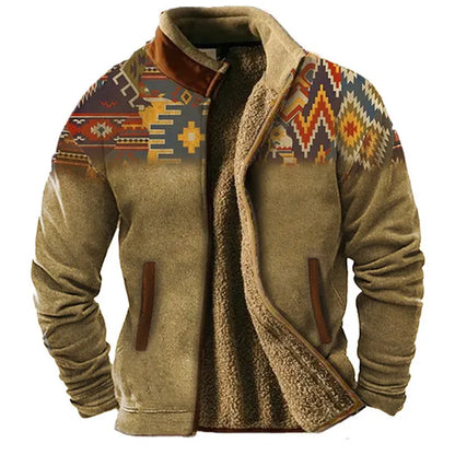 Men’s Sherpa-Lined Fleece Jacket | Tribal Print Yoke | Winter Warm Outerwear