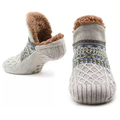 Knit Slipper Socks | Sherpa-Lined Indoor Booties | Fair Isle Pattern & Gripped Sole