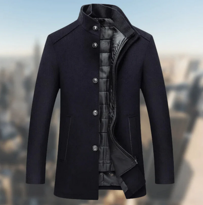 Men's Wool Blend Coat | Stand Collar | Button-Up Mid-Length