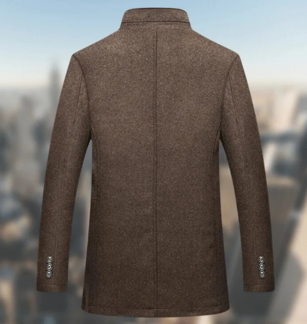 Men's Wool Blend Coat | Stand Collar | Button-Up Mid-Length
