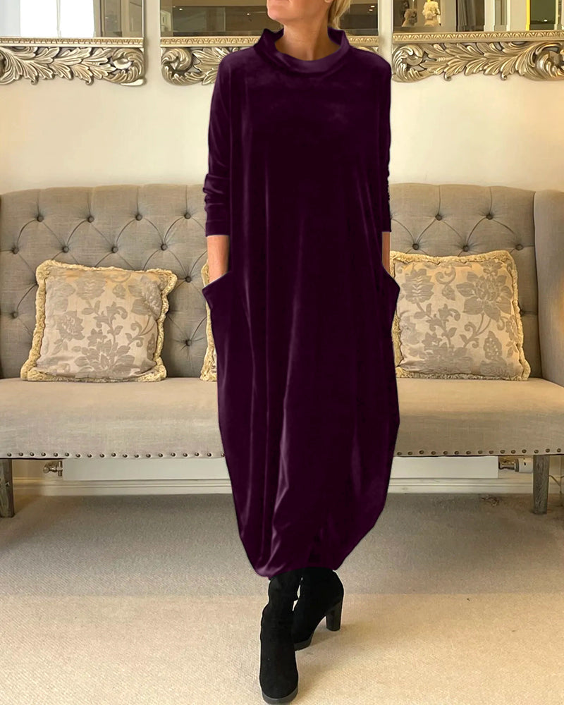 Women's Velvet Midi Dress | Long Sleeve Relaxed Fit | Elegant Fall Winter Outfit