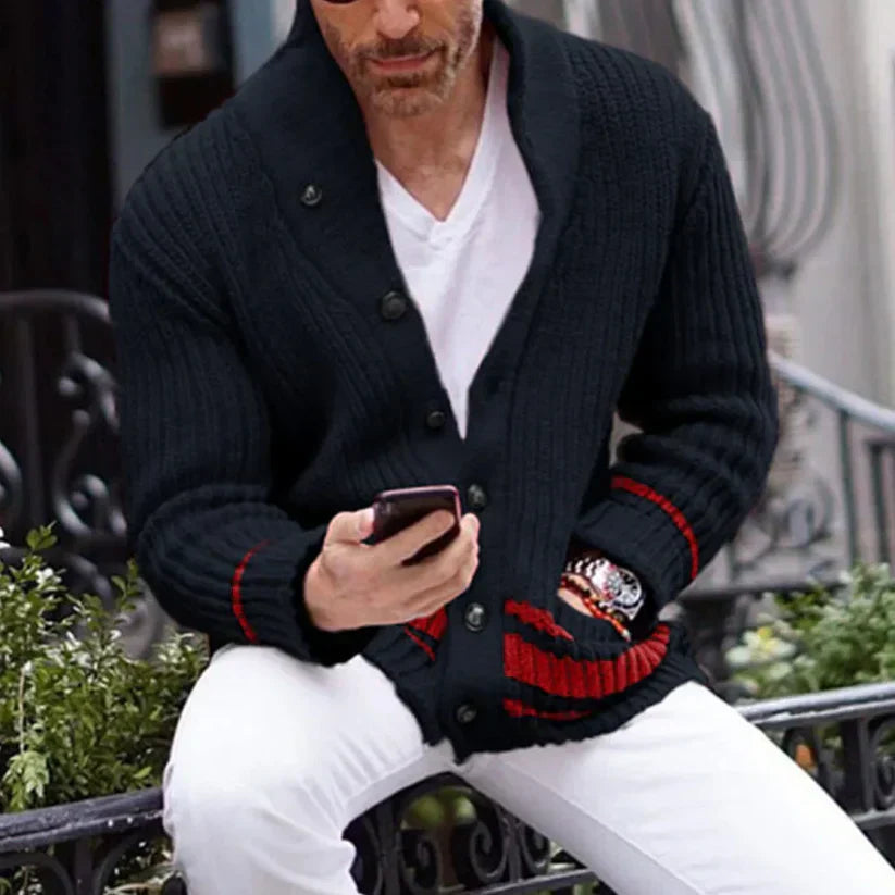 Men’s Varsity-Style Knit Cardigan | Thick Ribbed Sweater with Contrast Trim | Button-Up Layer