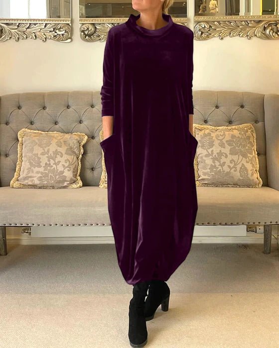 Velvet Long Sleeve Maxi Dress | Relaxed Fit | Cowl Neck with Pockets