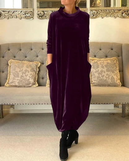 Velvet Long Sleeve Maxi Dress | Relaxed Fit | Cowl Neck with Pockets