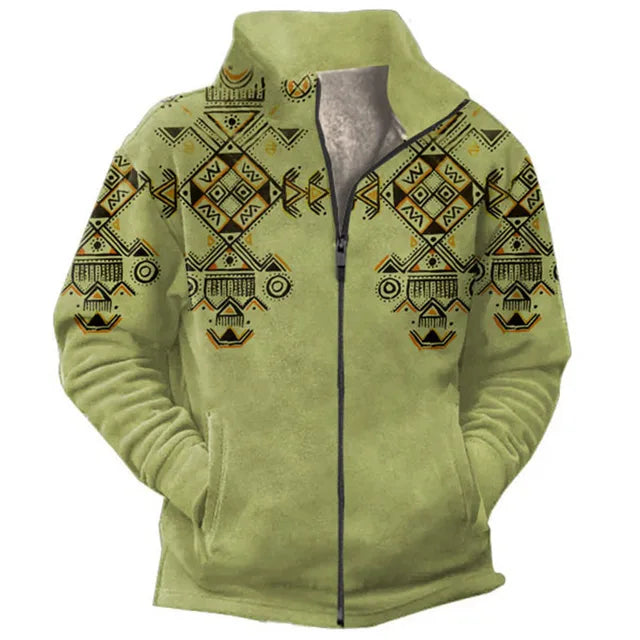 Men’s Sherpa-Lined Fleece Jacket | Tribal Print Yoke | Winter Warm Outerwear