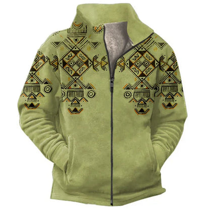 Men’s Sherpa-Lined Fleece Jacket | Tribal Print Yoke | Winter Warm Outerwear