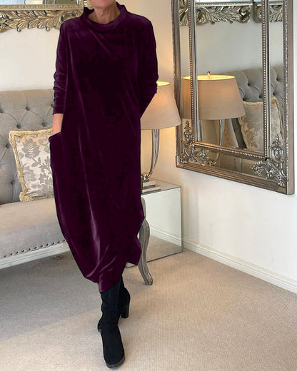 Women's Velvet Midi Dress | Long Sleeve Relaxed Fit | Elegant Fall Winter Outfit