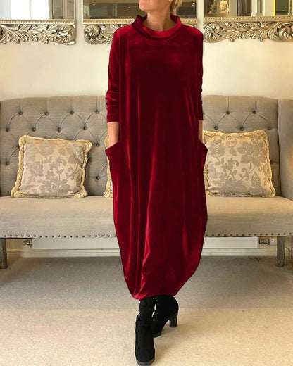 Velvet Long Sleeve Maxi Dress | Relaxed Fit | Cowl Neck with Pockets