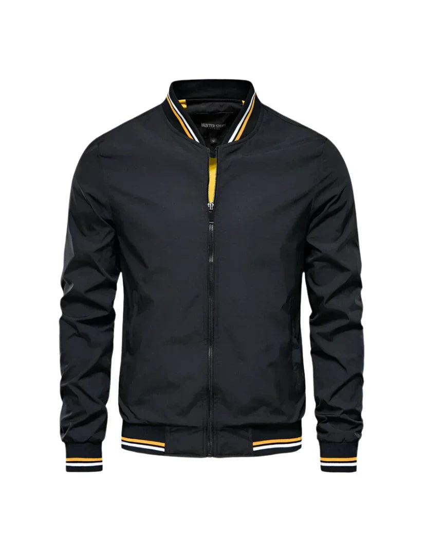 Men’s Bomber Jacket | Lightweight Zip-Up with Striped Collar & Cuffs | Casual Fall Outerwear