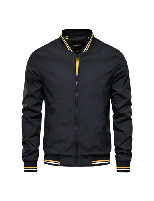 Men’s Bomber Jacket | Lightweight Zip-Up with Striped Collar & Cuffs | Casual Fall Outerwear
