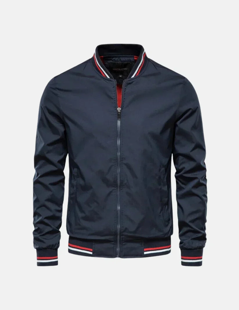Men’s Bomber Jacket | Lightweight Zip-Up with Striped Collar & Cuffs | Casual Fall Outerwear