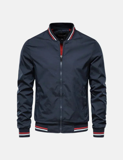 Men’s Bomber Jacket | Lightweight Zip-Up with Striped Collar & Cuffs | Casual Fall Outerwear