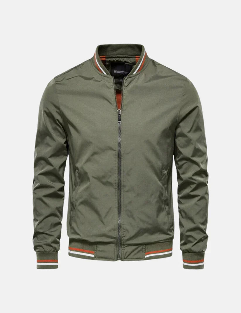 Men’s Bomber Jacket | Lightweight Zip-Up with Striped Collar & Cuffs | Casual Fall Outerwear