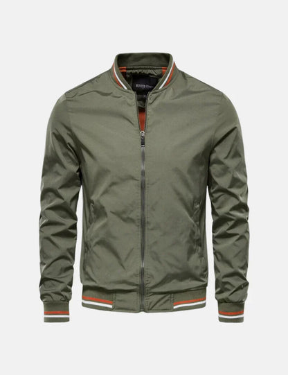 Men’s Bomber Jacket | Lightweight Zip-Up with Striped Collar & Cuffs | Casual Fall Outerwear