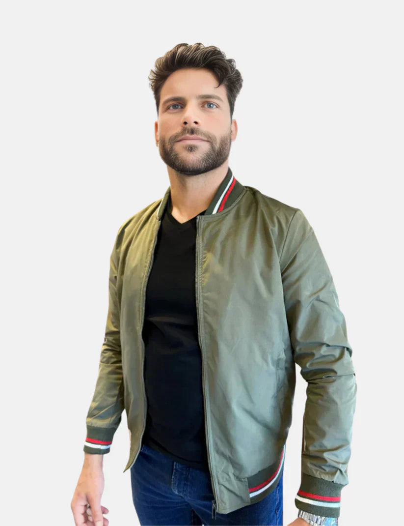 Men’s Bomber Jacket | Lightweight Zip-Up with Striped Collar & Cuffs | Casual Fall Outerwear