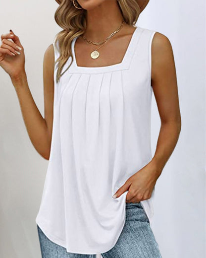 Pleated Square Neck Sleeveless Top | Lightweight Casual Blouse | Relaxed Fit