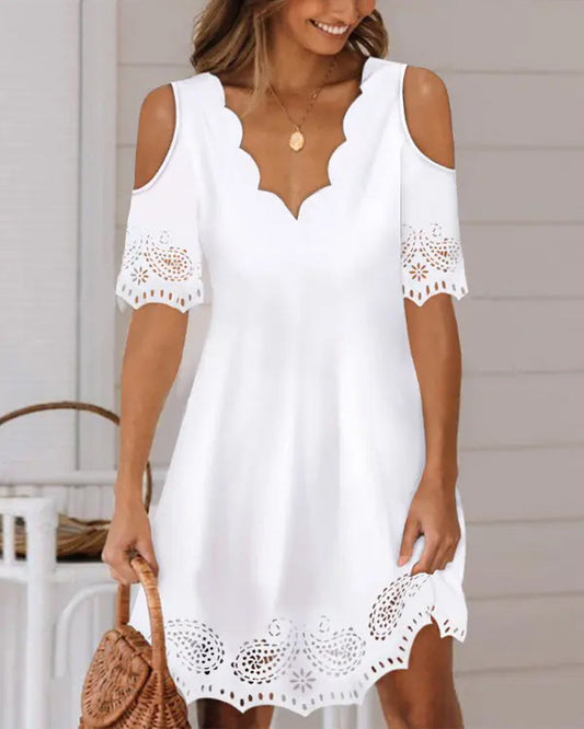 Women's Cold Shoulder Eyelet Dress | Scalloped Neckline Mini Dress | Casual Summer Outfit