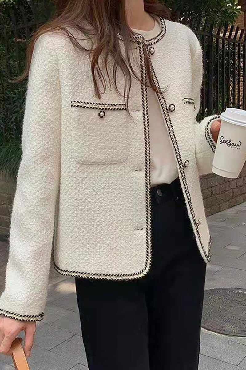 Chic Bouclé Jacket | Gold-Trimmed Details | Wool Blend | Sophisticated Layering Piece