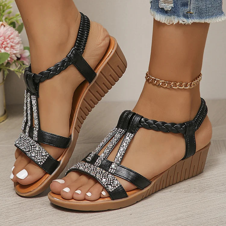 Women’s Rhinestone Wedge Sandals | Elastic Slingback Summer Shoes | Cushioned Comfort with Sparkle