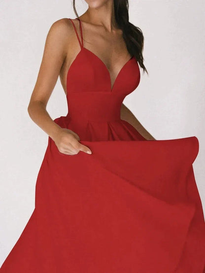 Deep V-Neck Red Gown | Spaghetti Strap Formal Dress | Flowy Floor-Length Silhouette
