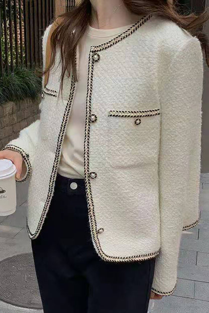 Chic Bouclé Jacket | Gold-Trimmed Details | Wool Blend | Sophisticated Layering Piece