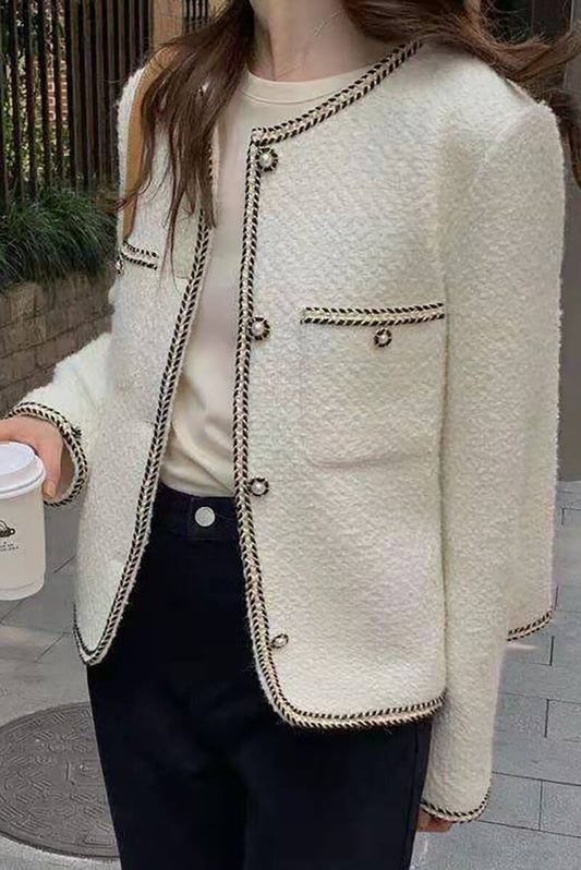 Chic Bouclé Jacket | Gold-Trimmed Details | Wool Blend | Sophisticated Layering Piece