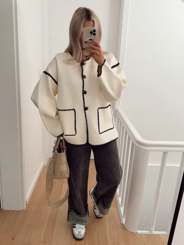 Contrast-Trim Knit Cardigan | Elegant Button-Front | Minimalist Chic | Black & White