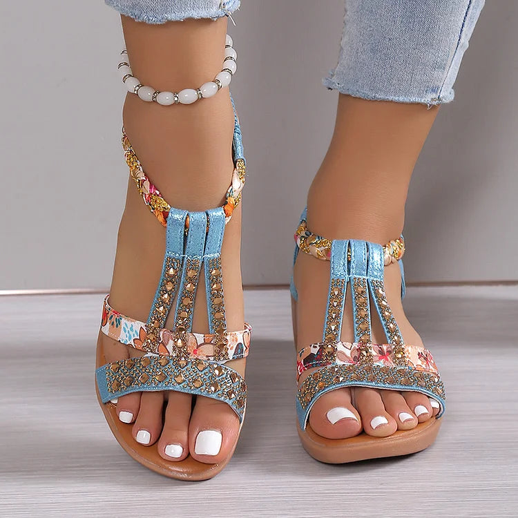 Women’s Rhinestone Wedge Sandals | Elastic Slingback Summer Shoes | Cushioned Comfort with Sparkle