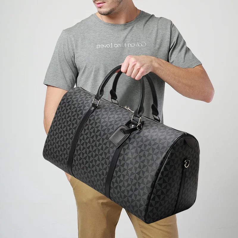 Designer-Inspired Weekender Travel Bag | Geometric Pattern Duffel | Leather Trim Carryall