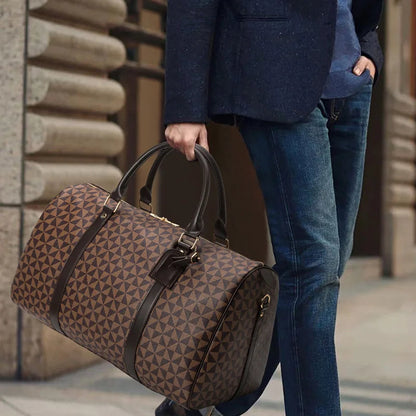 Designer-Inspired Weekender Travel Bag | Geometric Pattern Duffel | Leather Trim Carryall