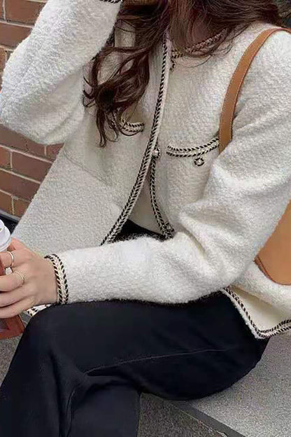 Chic Bouclé Jacket | Gold-Trimmed Details | Wool Blend | Sophisticated Layering Piece