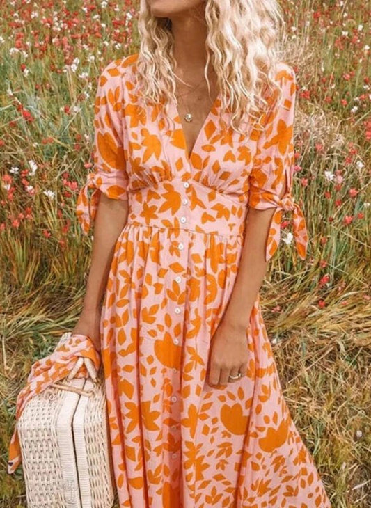 Floral Print Maxi Dress | Tie Sleeve Detail | Lightweight Fabric | Boho Summer Style