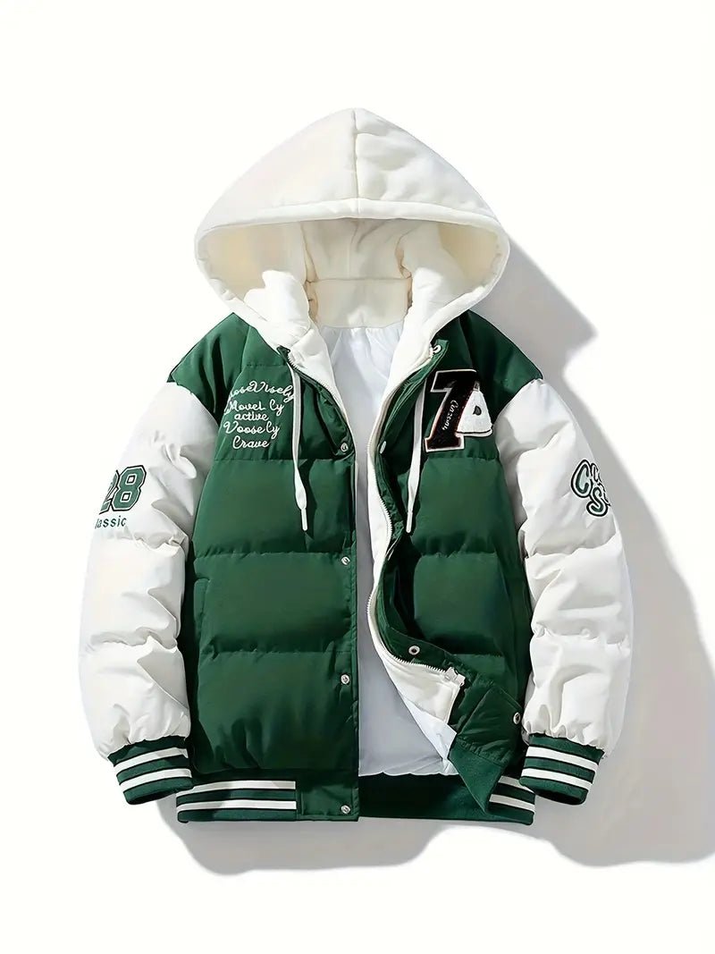 Men's Colour-Block Puffer Jacket | Sherpa Lined | Hooded Varsity Style