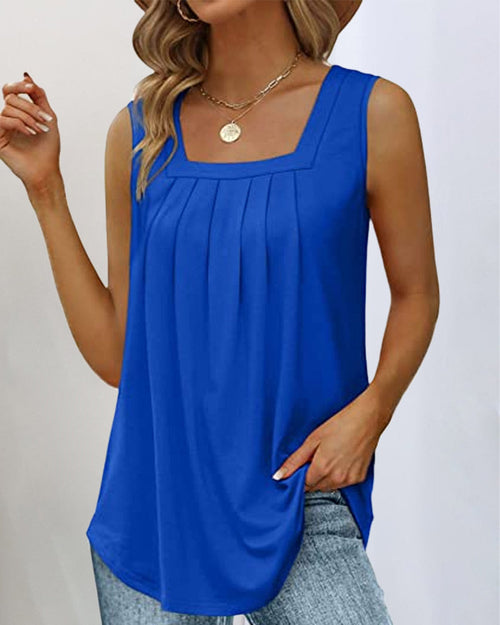 Pleated Square Neck Sleeveless Top | Lightweight Casual Blouse | Relaxed Fit