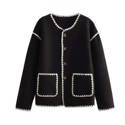 Contrast-Trim Knit Cardigan | Elegant Button-Front | Minimalist Chic | Black & White
