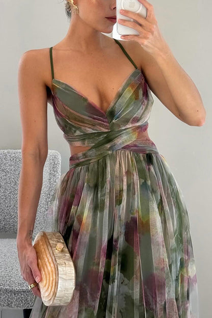 Backless Chiffon Gown | Watercolour Print Maxi Dress | Tie-Back Evening Silhouette