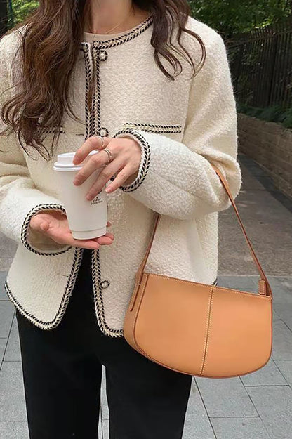 Chic Bouclé Jacket | Gold-Trimmed Details | Wool Blend | Sophisticated Layering Piece