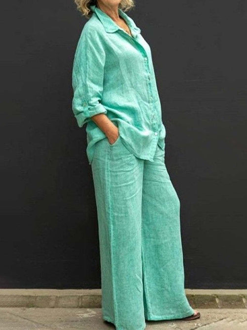 Relaxed Linen Two-Piece Set | Long-Sleeve Shirt & Wide-Leg Pants | Breathable Fit