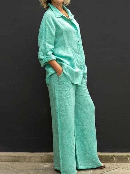 Relaxed Linen Two-Piece Set | Long-Sleeve Shirt & Wide-Leg Pants | Breathable Fit