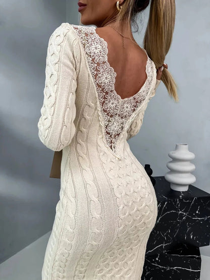 Knit Bodycon Midi Dress | Cable Knit Design | Open Back Detail | Cozy Chic