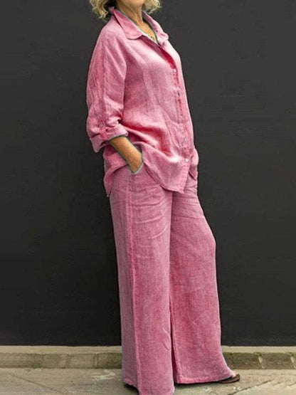 Relaxed Linen Two-Piece Set | Long-Sleeve Shirt & Wide-Leg Pants | Breathable Fit
