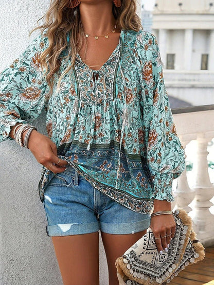 Boho Floral Peasant Blouse | Lightweight Rayon | Tie Neck Detail