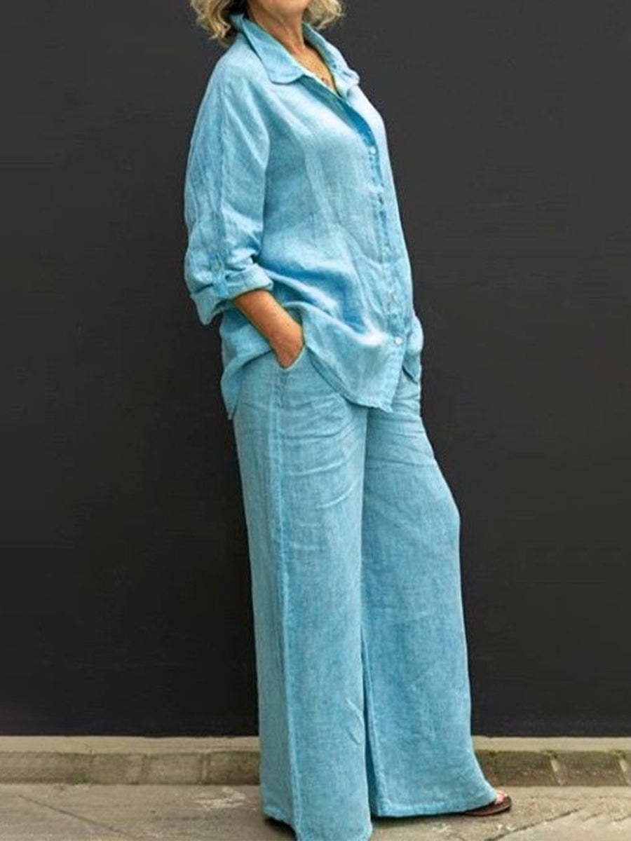 Relaxed Linen Two-Piece Set | Long-Sleeve Shirt & Wide-Leg Pants | Breathable Fit