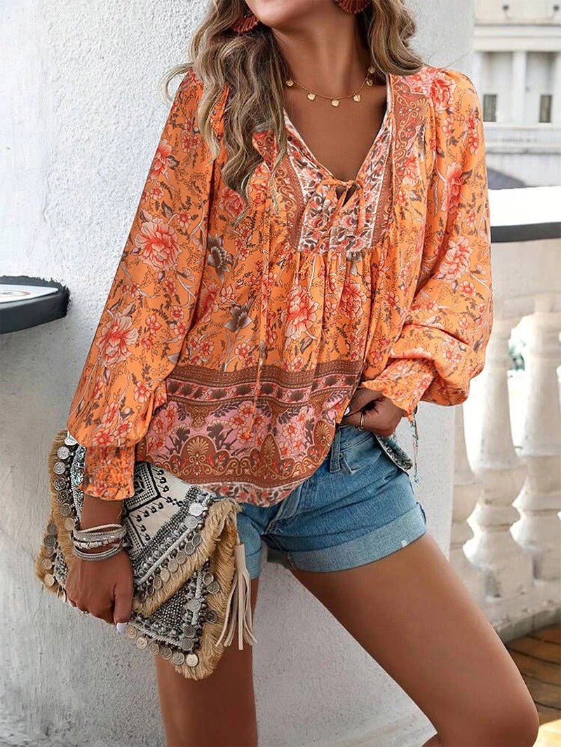 Boho Floral Peasant Blouse | Lightweight Rayon | Tie Neck Detail
