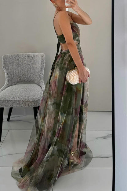 Backless Chiffon Gown | Watercolour Print Maxi Dress | Tie-Back Evening Silhouette