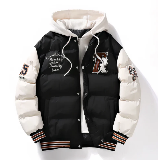 Men’s Varsity Puffer Jacket | Colour-Block Hooded Bomber | Insulated Streetwear Outerwear