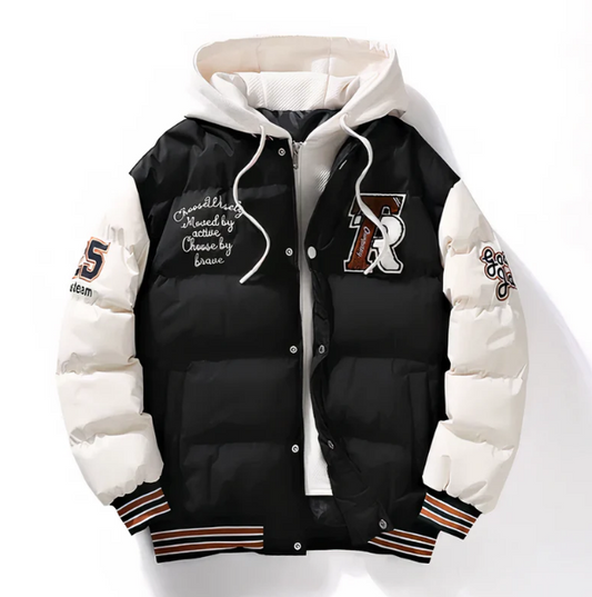 Men’s Varsity Puffer Jacket | Colour-Block Hooded Bomber | Insulated Streetwear Outerwear