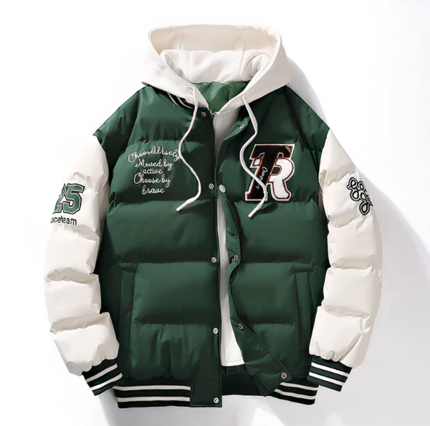 Men’s Varsity Puffer Jacket | Colour-Block Hooded Bomber | Insulated Streetwear Outerwear