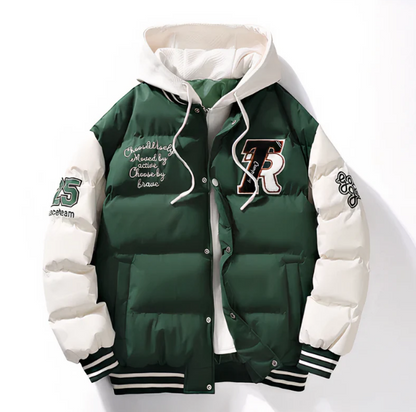 Men’s Varsity Puffer Jacket | Colour-Block Hooded Bomber | Insulated Streetwear Outerwear