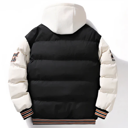 Men’s Varsity Puffer Jacket | Colour-Block Hooded Bomber | Insulated Streetwear Outerwear